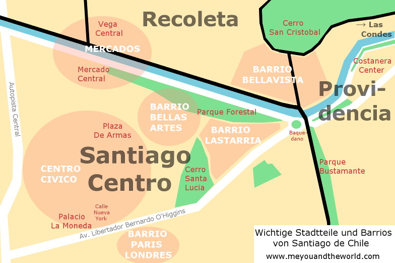 Stadtkarte von Santiago de Chile mit seinen wichtigen Stadtteilen und Barrios